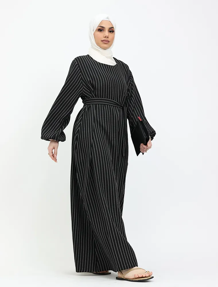 Black Stripe Linen Feel Essential Abaya